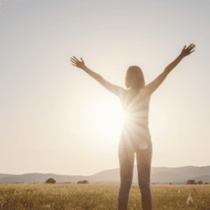 Woman standing with arms open wide outside in the sun